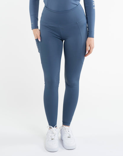 Equidry Water Repellent Riding Leggings - Knee Grip, Steel Blue/Grey. Shop Women's Leggings at Equiflair!