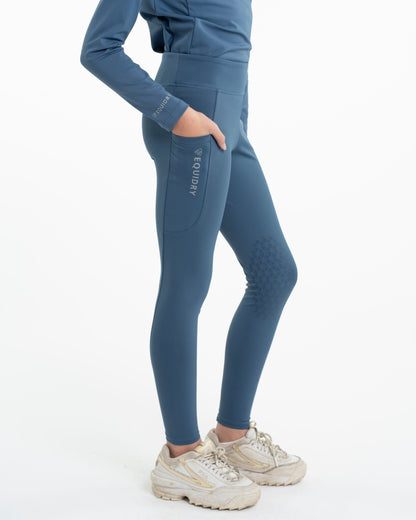 Equidry Children's Steel Blue Riding Leggings with Knee Grip & Pocket. Water Repellent Equestrian Apparel