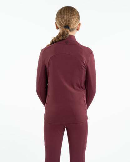 EQUIDRY Children's Water Repellent Zip Up Top (Plum/Black) - Back View. Equiflair riding apparel.
