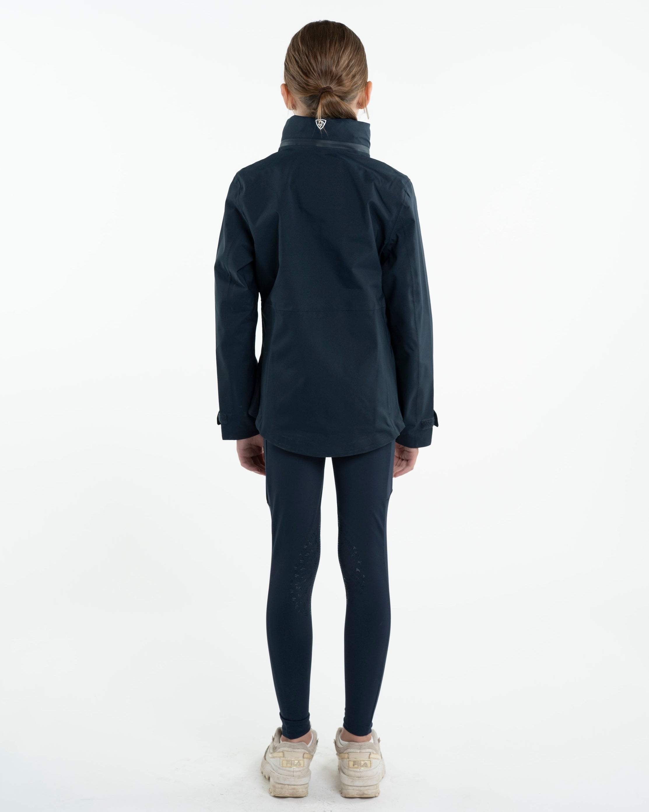 Equidry Girl's Varsha Navy Riding Jacket - Back View: Waterproof Equestrian Apparel for Young Riders