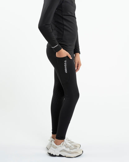 EQUIDRY Water Repellent Leggings - Knee Grip, Children's Black/White Riding Tights with Pocket
