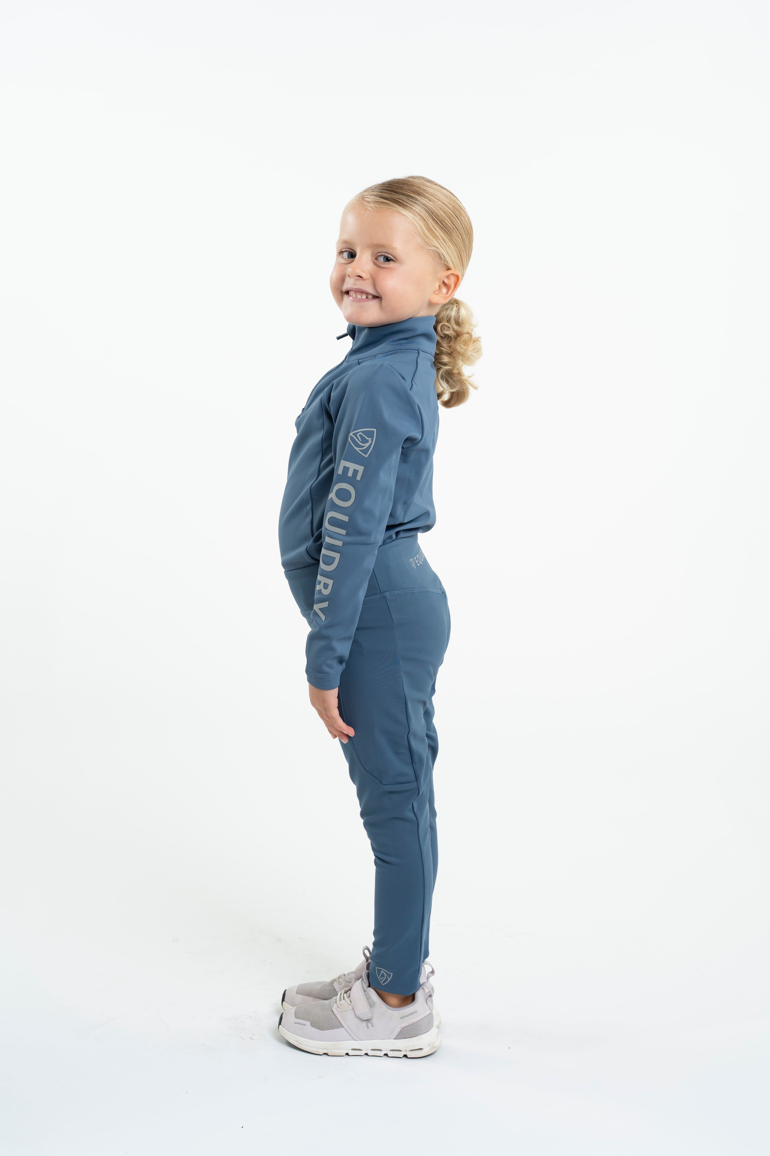 EQUIDRY Water Repellent Riding Leggings Knee Grip Steel Blue Silver Children's Equiflair Equestrian Apparel