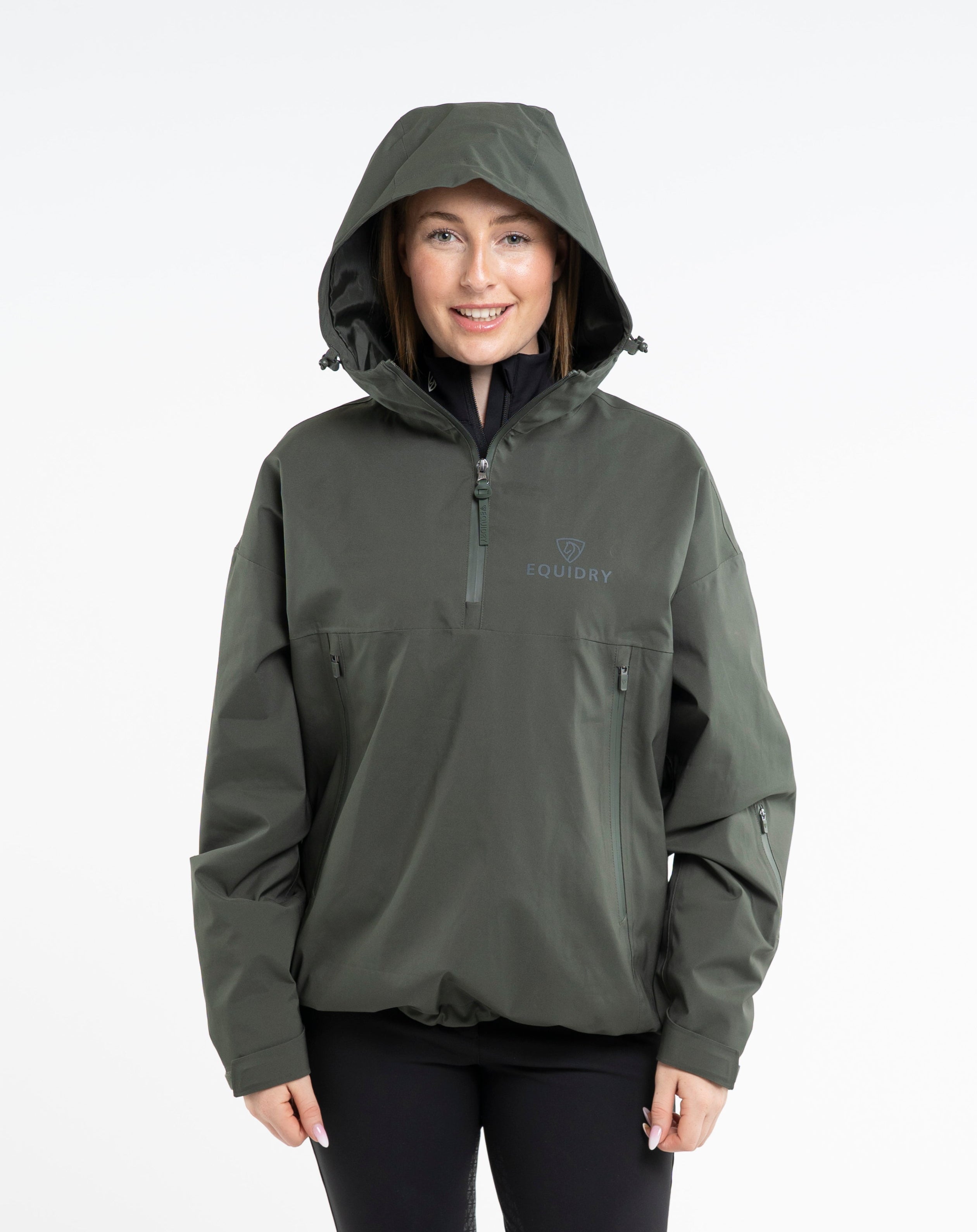 Equidry Women's Storm Smock in Black Forest Green: Waterproof Equestrian Hoodie with Hood