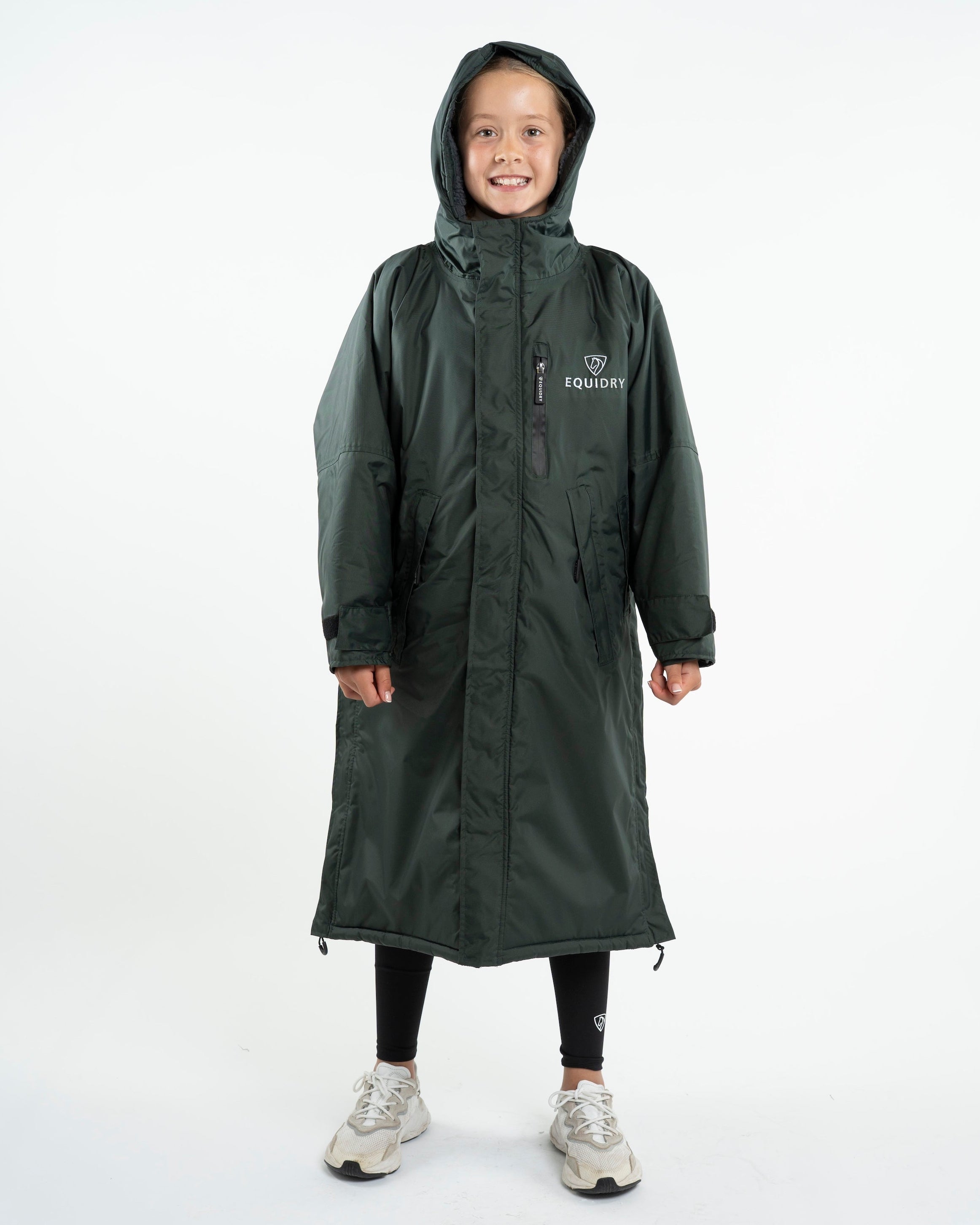 EQUIDRY Evolution Children's Waterproof Coat - Black Forest Green Fleece-Lined Rain Gear