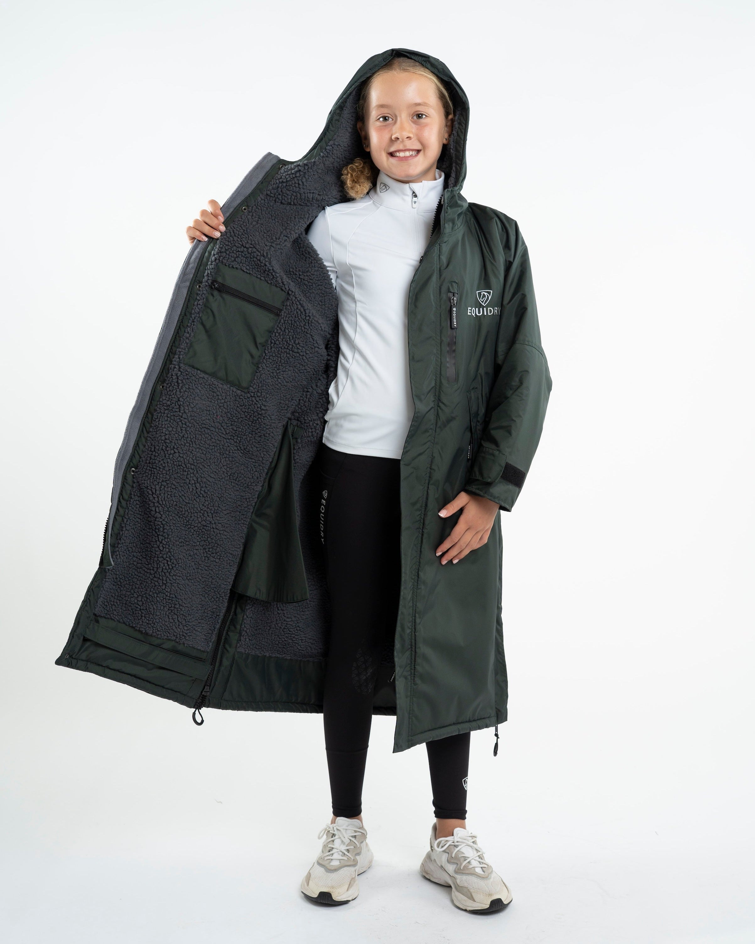 EQUIDRY Children's Fleece Coat: Black Forest Green, Waterproof, & Warm