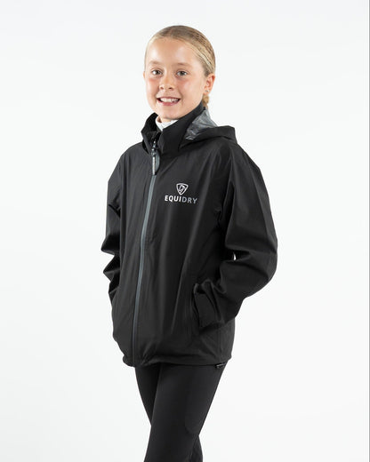 EQUIDRY NIMBUS Children's Black Pack Away Raincoat - Stylish & Functional Equestrian Jacket for Kids