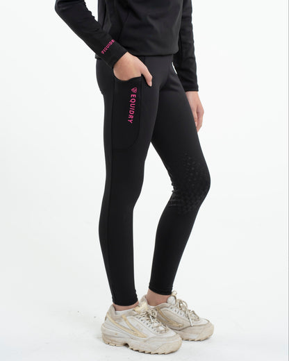Equidry Water Repellent Equestrian Leggings: Black Children's Riding Pants with Knee Grip and Phone Pocket