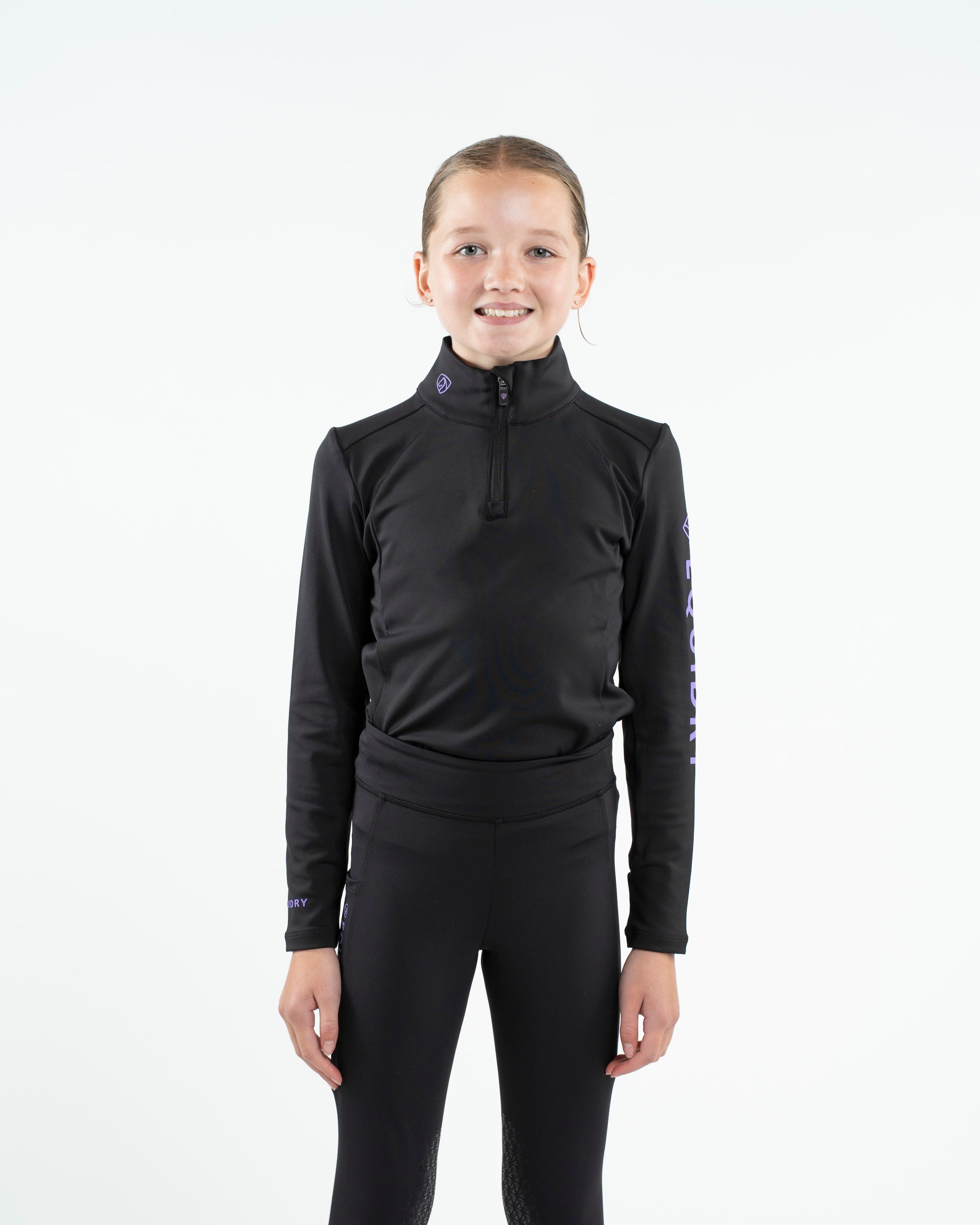 EQUIDRY Children's Water Repellent Equestrian Base Layer - Black/Lilac Riding Apparel