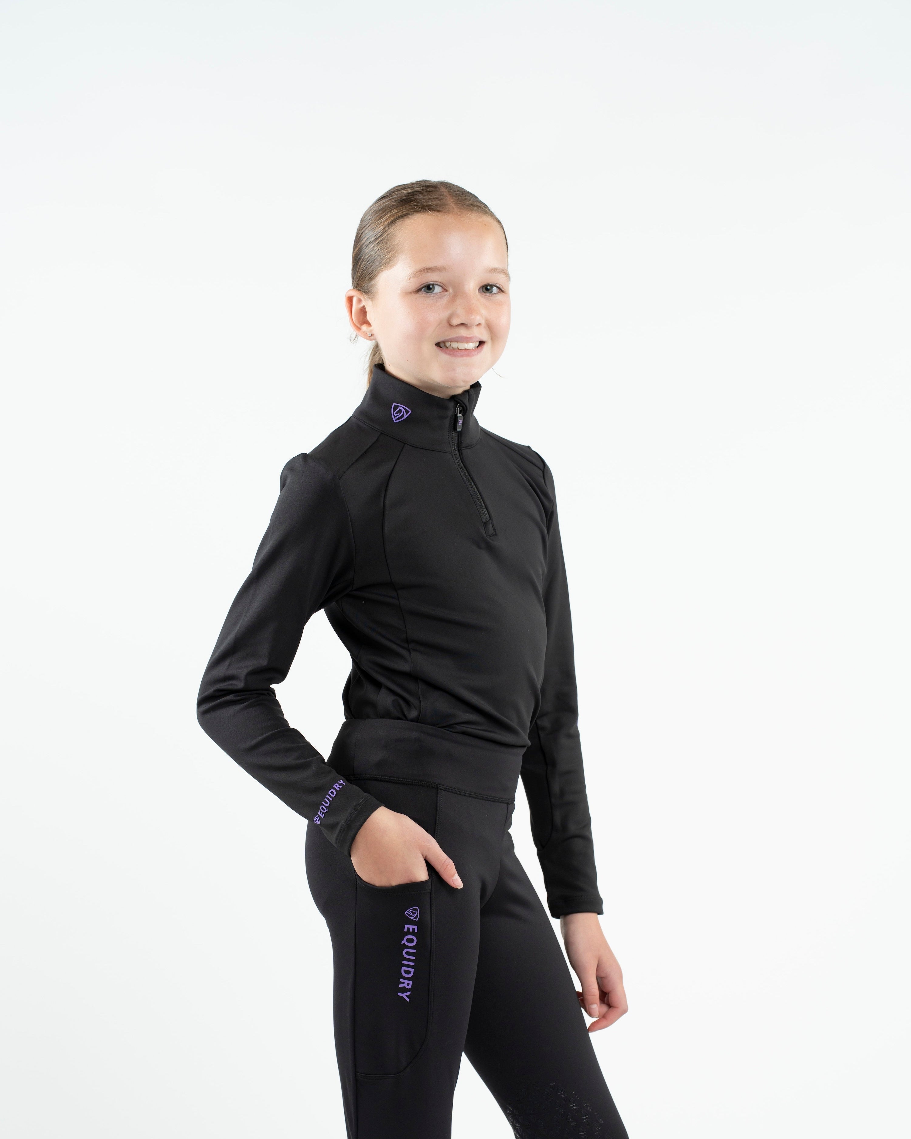 Equidry Children's Black & Lilac Water Repellent Base Layer - Equestrian Apparel for Kids