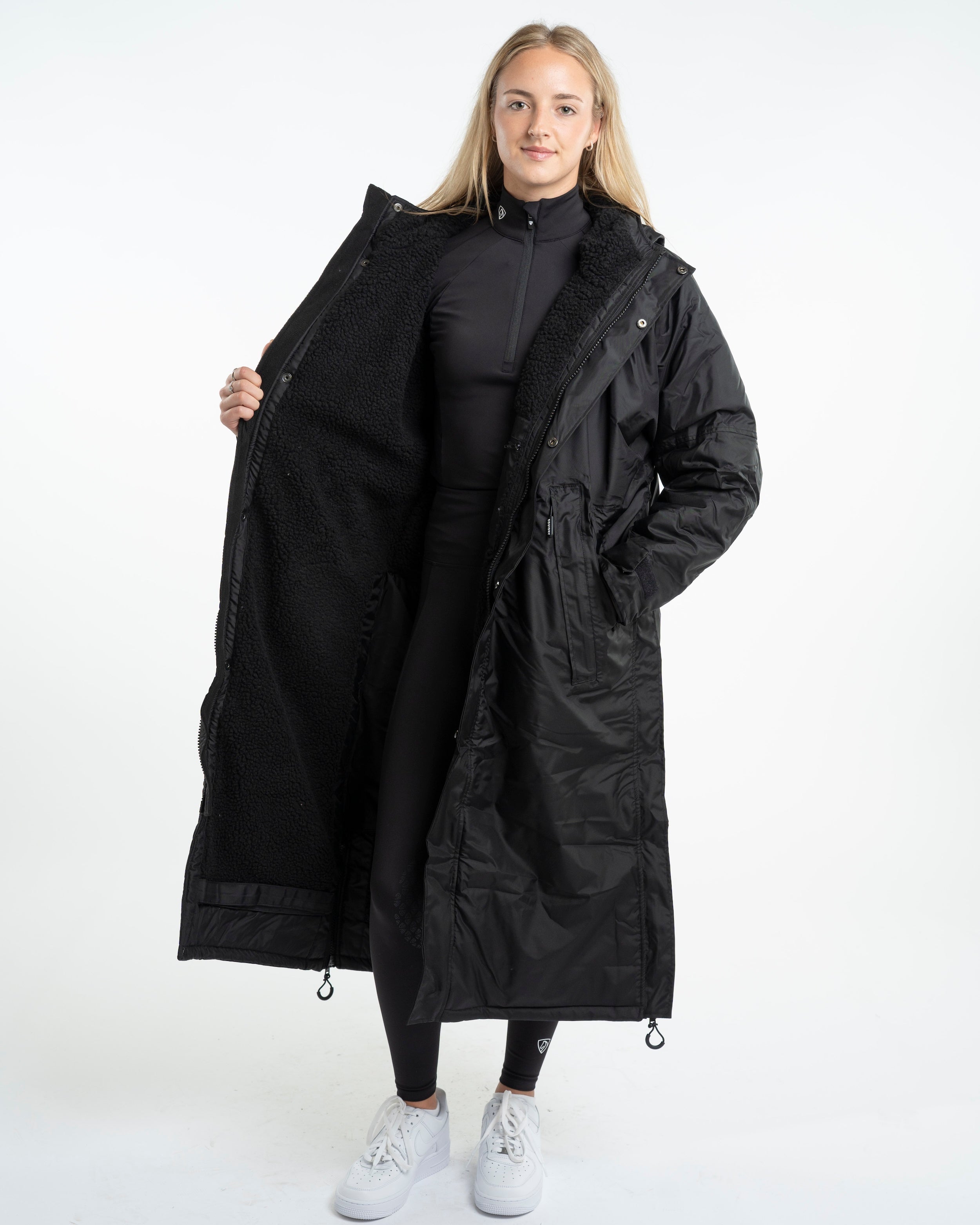 EQUIDRY Evolution Women's Black Fleece Lined Waterproof Coat: Oversized, Full Length, Riding Coat
