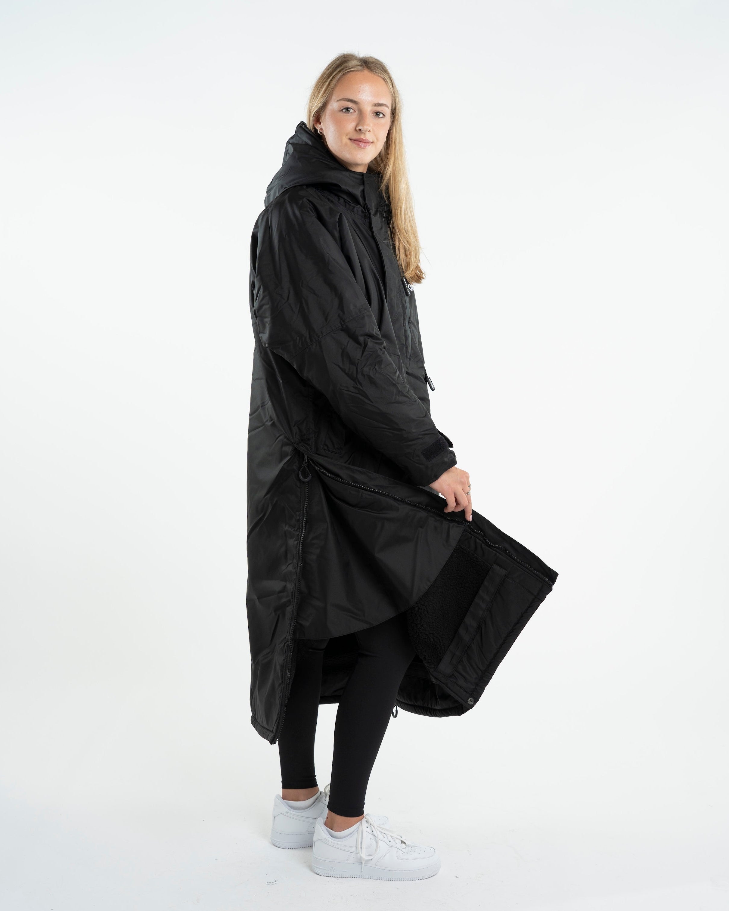 Equidry Evolution Black Waterproof Riding Coat - Woman Wearing Full Length Oversized Jacket