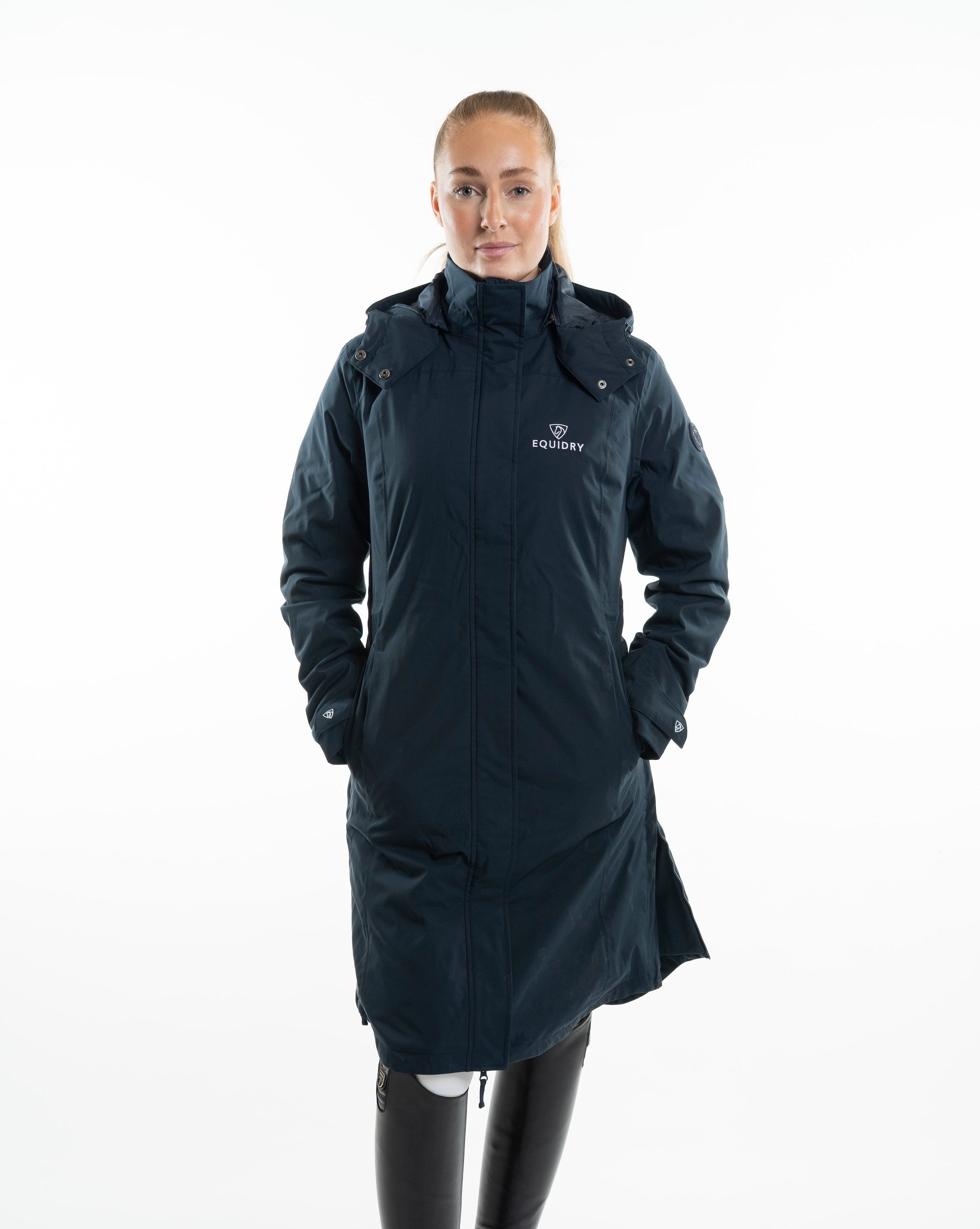 EQUIDRY Women's Bronte Riding Coat - Navy, Removable Hood. Stylish & Waterproof