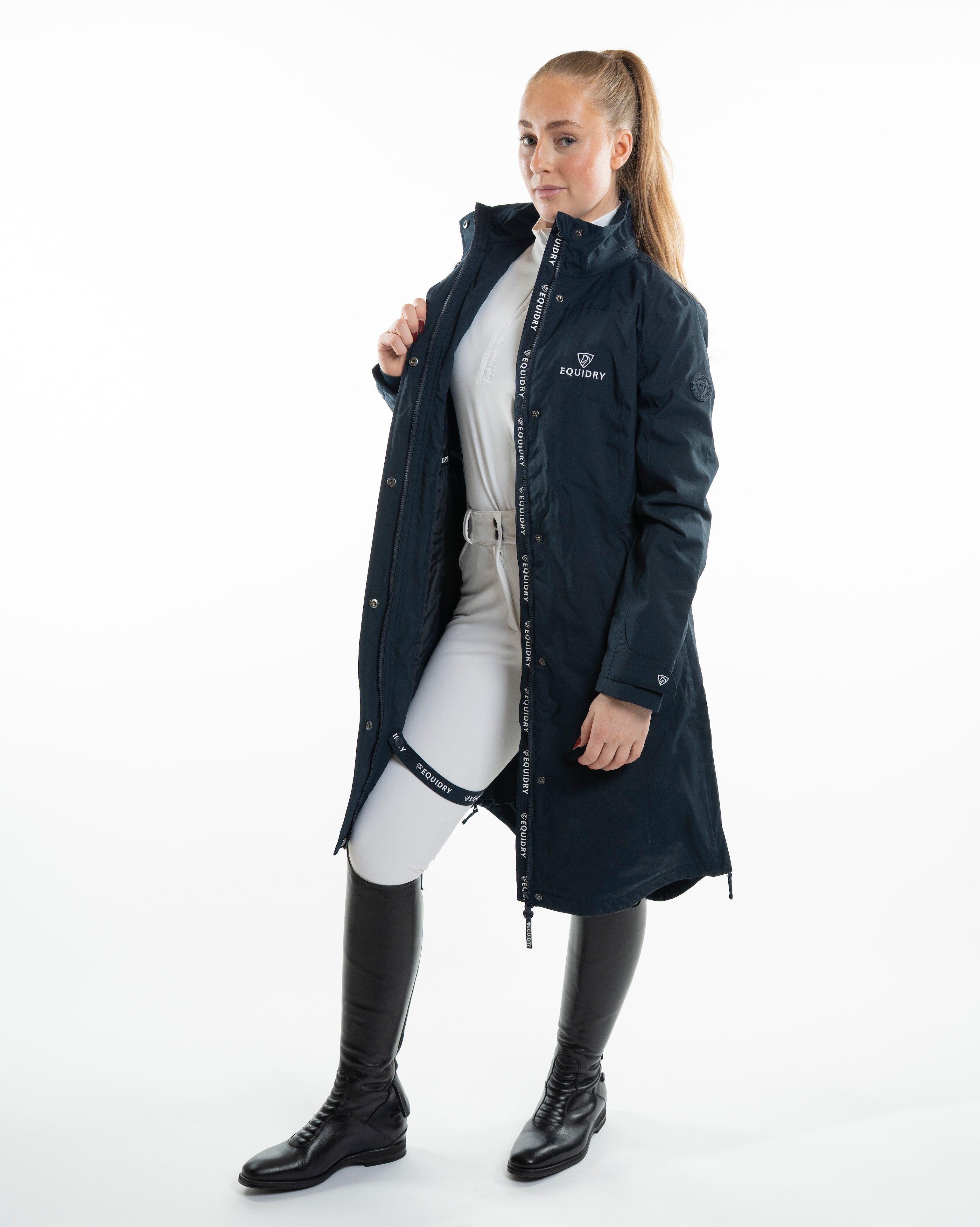 Equestrian Style: EQUIDRY Women's Bronte Riding Coat - Waterproof, Navy Blue, Long, Removable Hood