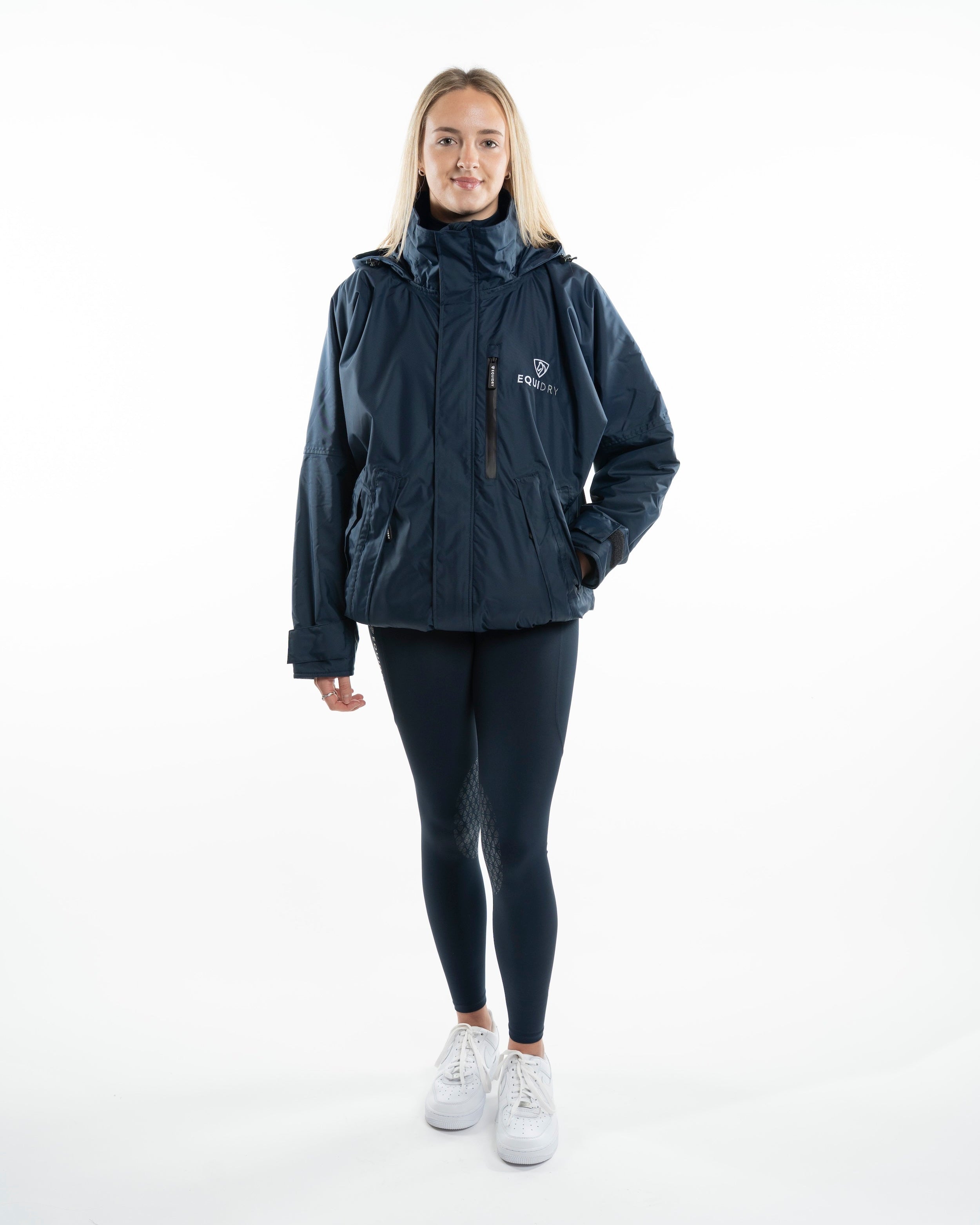 EquiDry Shortie Women's Fleece Lined Waterproof Riding Jacket - Navy. Weatherproof Equestrian Apparel for Horse Riding and Outdoor Activities.