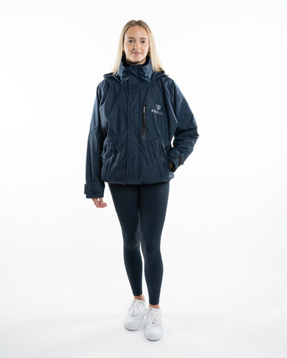EquiDry Shortie Women's Fleece Lined Waterproof Riding Jacket - Navy. Weatherproof Equestrian Apparel for Horse Riding and Outdoor Activities.