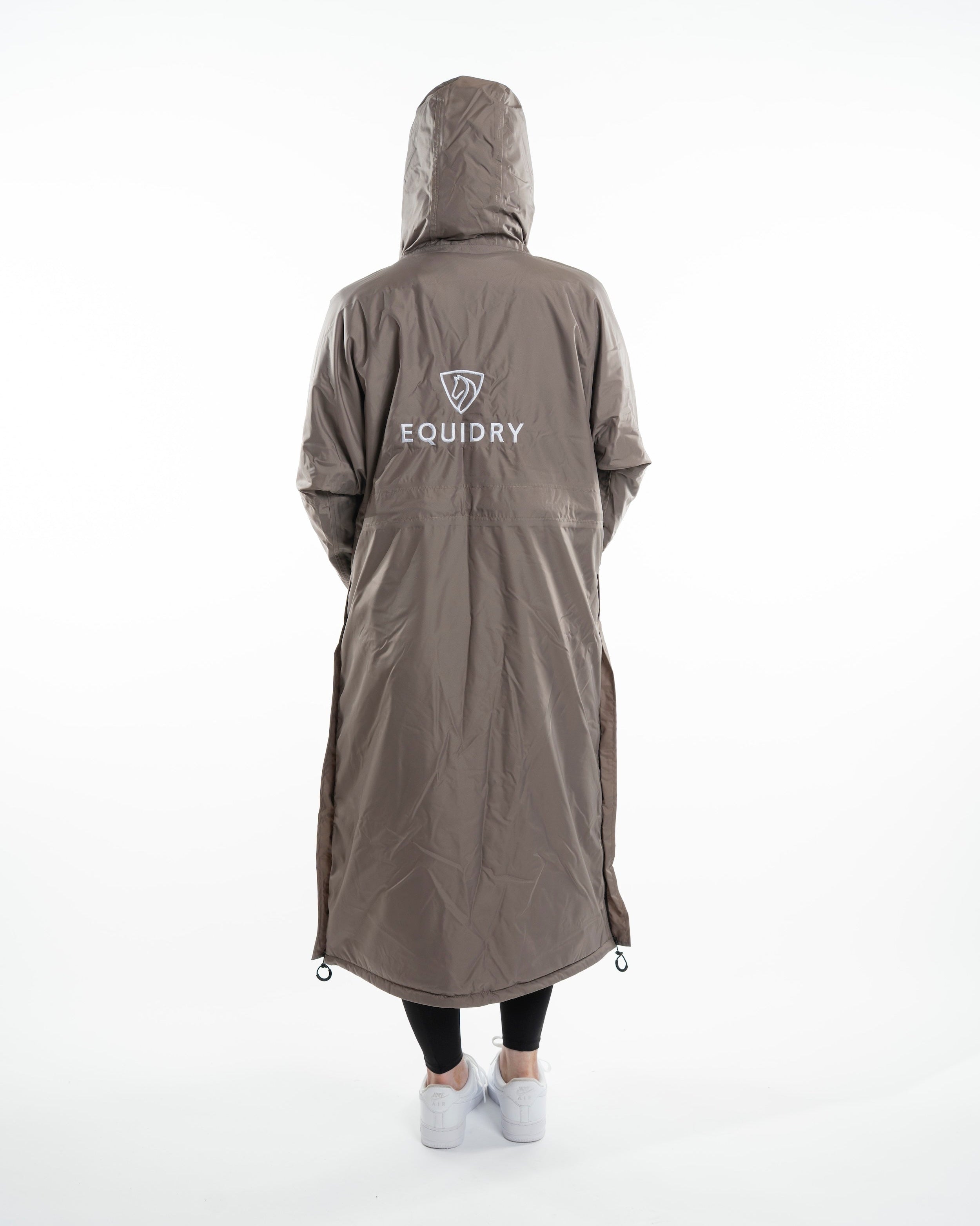Equidry Evolution Women's Thin Fleece Mocha Coat - Waterproof Riding Coat with Hood, Back View
