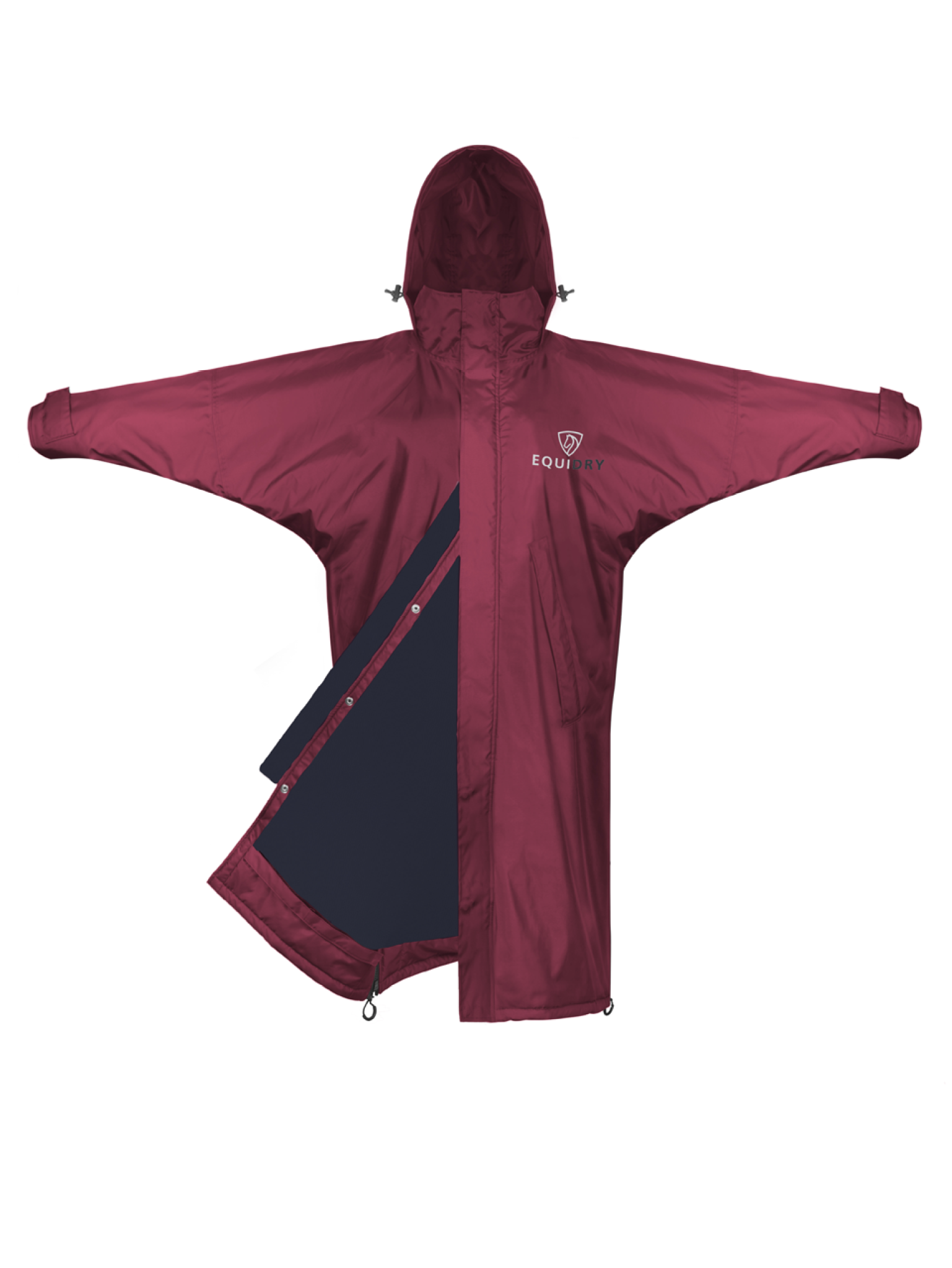 EQUIDRY women's mesh lining long waterproof horse riding coat in plum/navy