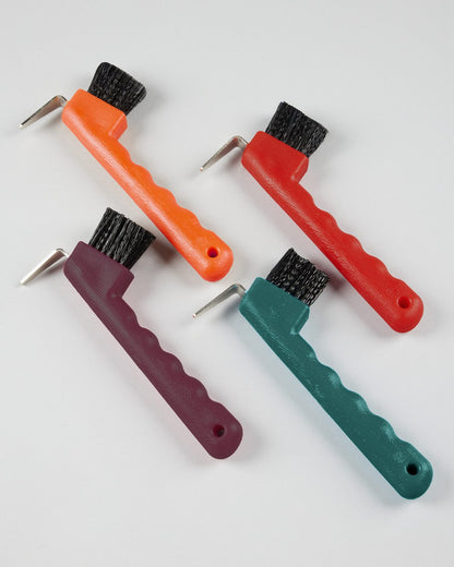 Multiple Colorful Equine Hoof Picks: Orange, Red, Purple, Teal. Horse hoof cleaning tools with brush and hook.