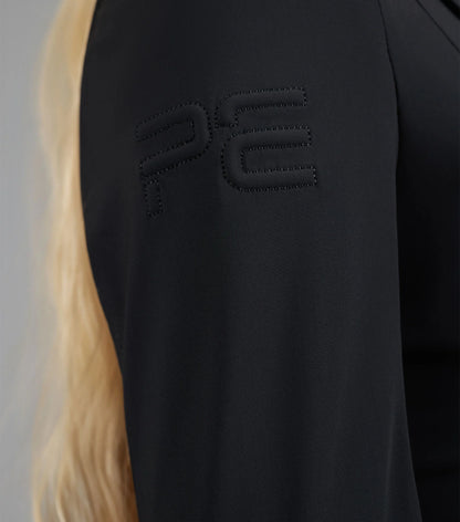 PREMIER EQUINE Evinco Ladies Black Competition Jacket: Equestrian Apparel, close up of sleeve showing logo.