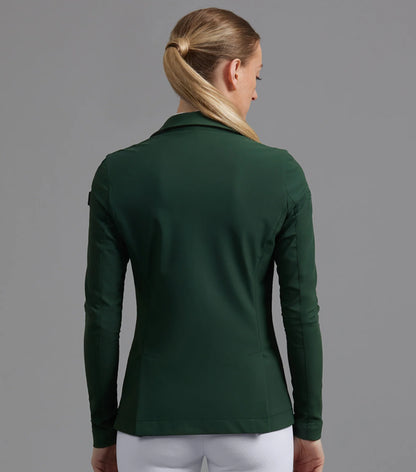 Premier Equine Evinco Ladies Competition Jacket - Alpine Green. Tailored equestrian show jacket for women.