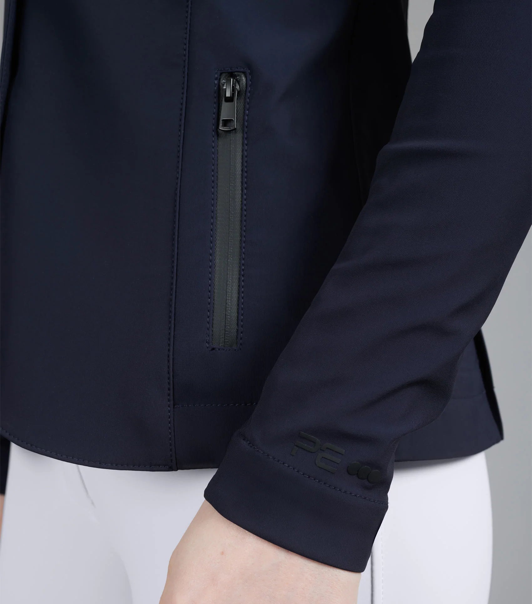 Premier Equine Ladies Competition Jacket in French Navy - Equestrian Riding Apparel with Zipper and Sleeve Detail