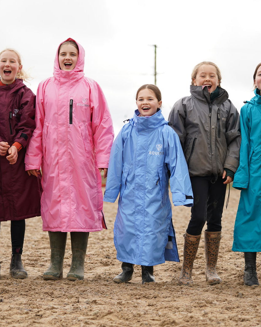 Equidry Children's Waterproof Riding Coat: Mesh Lined, Sky Blue. Kids Equestrian Rain Jacket by Equiflair