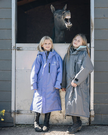 Girls Horse Riding Waterproof Coat: Kids EQUIDRY Blue Lilac Fleece Lined. Equestrian Childrens Outerwear. Horse Stall Laughing Horse.