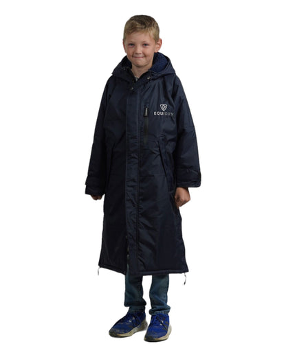 Equidry Children's Riding Coat - Waterproof Fleece Lined Jacket - Navy Blue. Kids Equestrian Apparel with Hood.