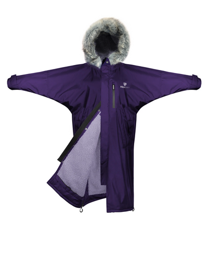 Equidry Children's Purple Riding Coat - Fleece Lined, Waterproof with Fur Hood. Kids Equestrian Outerwear.