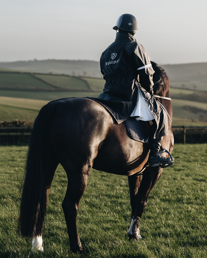 Child Rider on Horseback Wearing EQUIDRY Reflective Raincoat - Equestrian Apparel for Kids