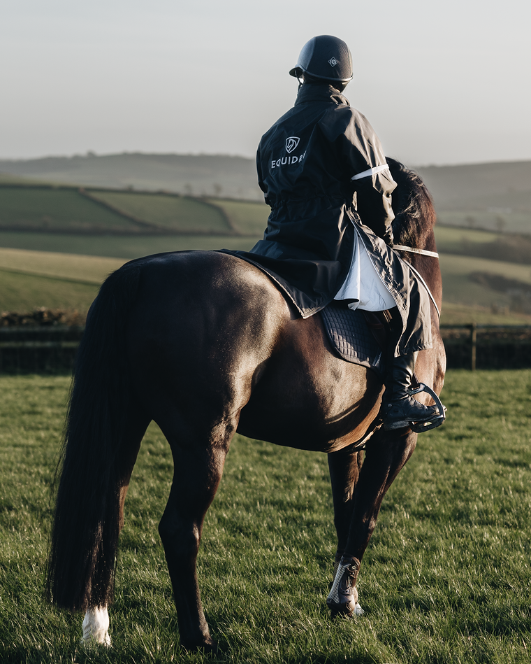 Child Rider on Horseback Wearing EQUIDRY Reflective Raincoat - Equestrian Apparel for Kids