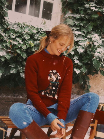 Joules Intarsia Red Dachshund Dog Cotton Blend Regular Fit Jumper