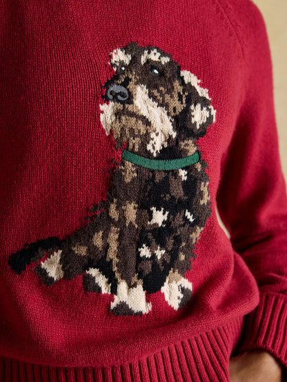 Joules Intarsia Red Dachshund Dog Cotton Blend Regular Fit Jumper