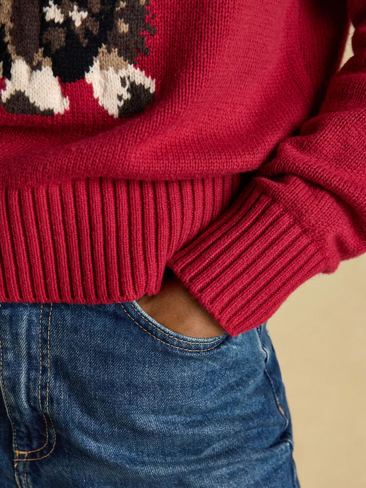 Joules Intarsia Red Dachshund Dog Cotton Blend Regular Fit Jumper