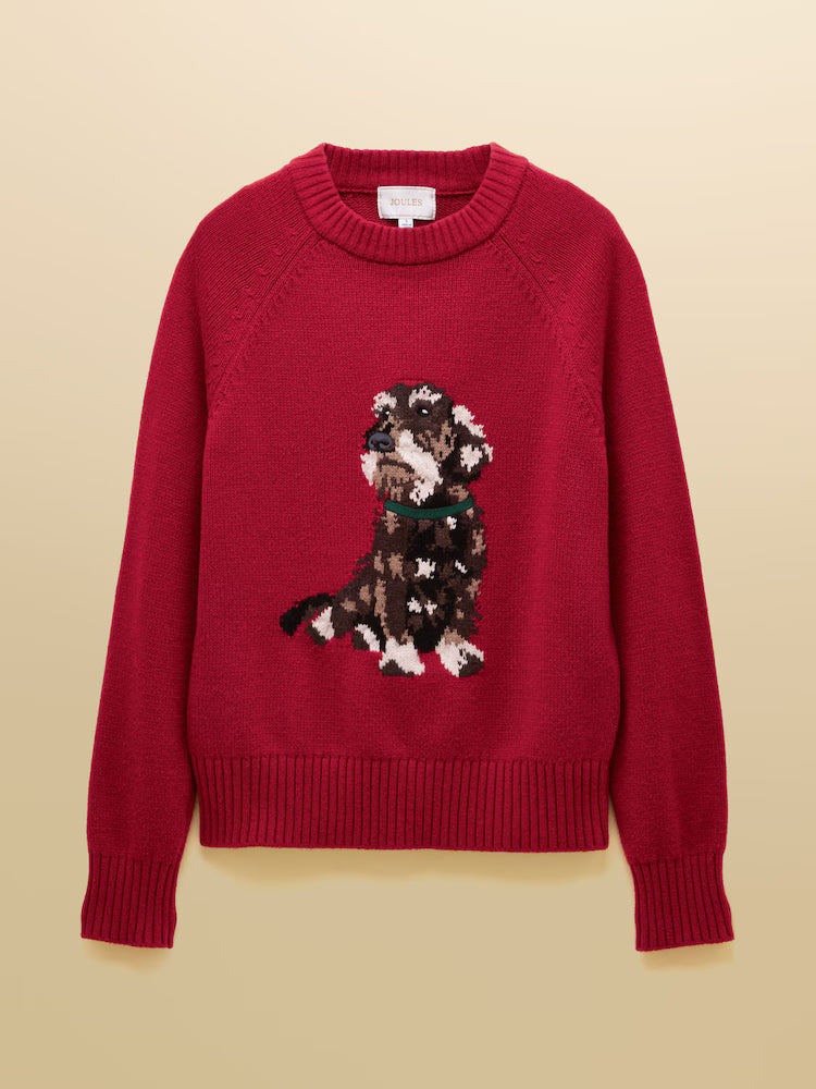 Joules Intarsia Red Dachshund Dog Cotton Blend Regular Fit Jumper