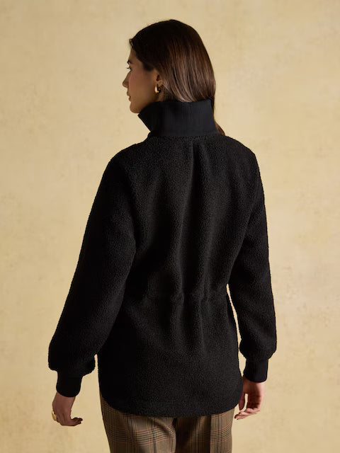 Joules Thurleston Black Borg Fleece Jacket: Women's Longline Quarter-Zip with Adjustable Waist