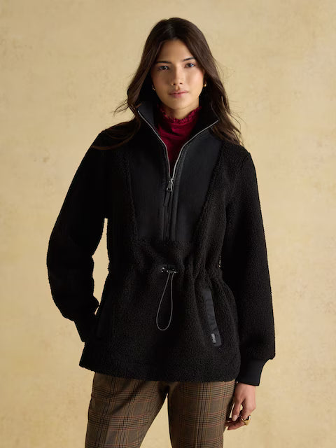 JOULES Thurlston Borg Fleece: Black Longline Quarter-Zip Pullover with Adjustable Waist & Pockets. Warm and Stylish!