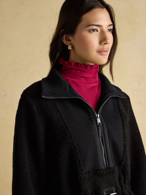 JOULES Thurleston Borg Fleece Jacket - Black Longline Quarter-Zip with Adjustable Waist - Equiflair Store