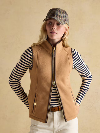 Joules Heritage Tan Fleece Gilet: Women's Country Style Vest, Two-Way Zip, Popper Pockets, Faux Leather Trim