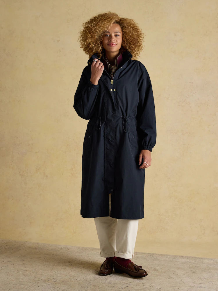 Joules Hensley Navy Waterproof Coat: Longline, Packable Hood. Stylish and practical women's outerwear.
