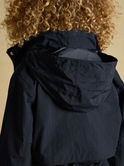 JOULES Hensley Navy Waterproof Coat - Longline Jacket with Packable Hood