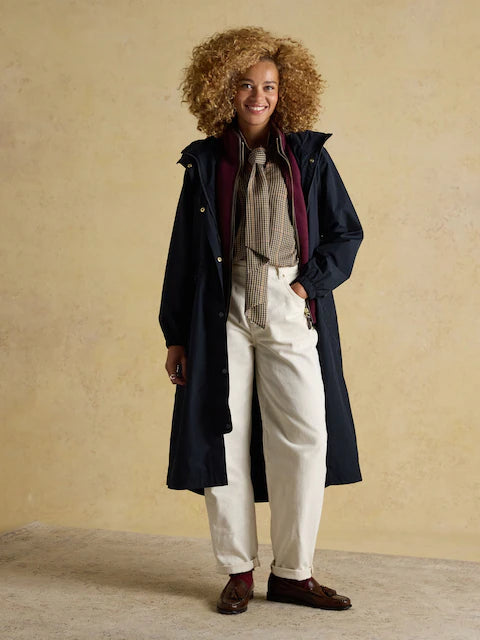 Joules Hensley Navy Waterproof Coat: Longline, Packable Hood, Stylish Women's Outerwear