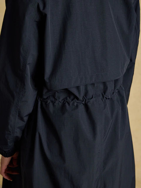 Joules Hensley Navy Waterproof Coat Back View: Longline Raincoat with Adjustable Waist & Packable Hood