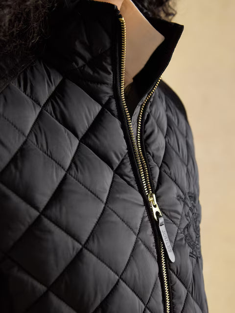 JOULES Braemar Black Quilted Coat: Showerproof Diamond Quilt Vest with Gold Zipper & Logo Detail. Country Style Outerwear