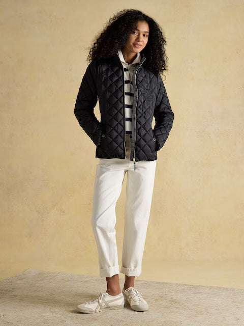 JOULES Braemar Luxe Black Showerproof Diamond Quilted Coat: Women's Black Jacket, Countryside Fashion