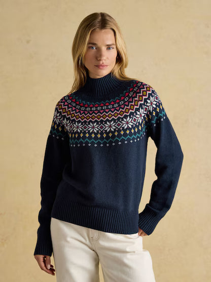 Joules Alba Navy Fairisle High Neck Cotton-Blend Jumper