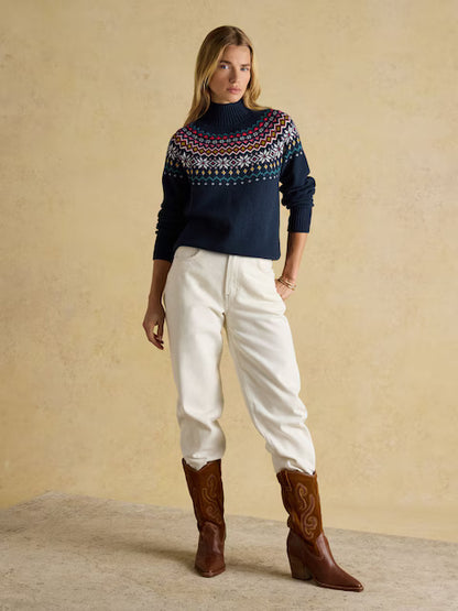 Joules Alba Navy Fairisle High Neck Cotton-Blend Jumper