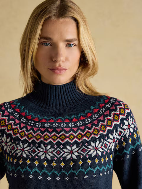 Joules Alba Navy Fairisle High Neck Cotton-Blend Jumper