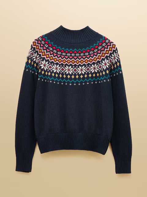 Joules Alba Navy Fairisle High Neck Cotton-Blend Jumper