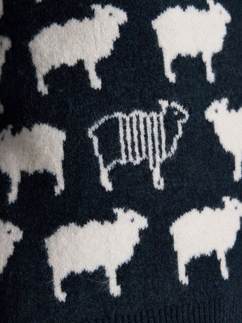 Sheep Jumper: Whimsical Intarsia Knit - Blue Wool Sweater with White Sheep Pattern